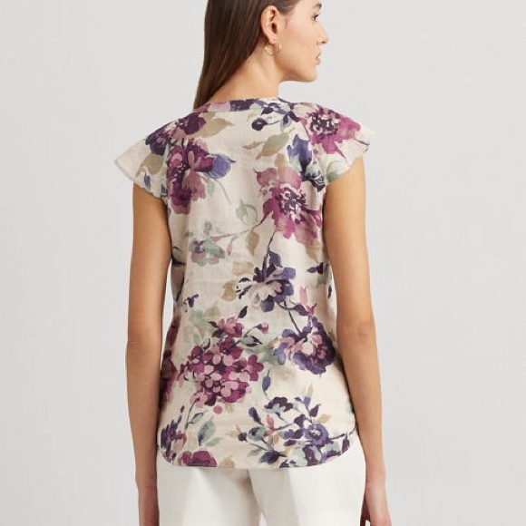 Lauren Ralph Lauren Floral Linen Blend Blouse Short Sleeve Tie Waist Size L - Picture 4 of 8